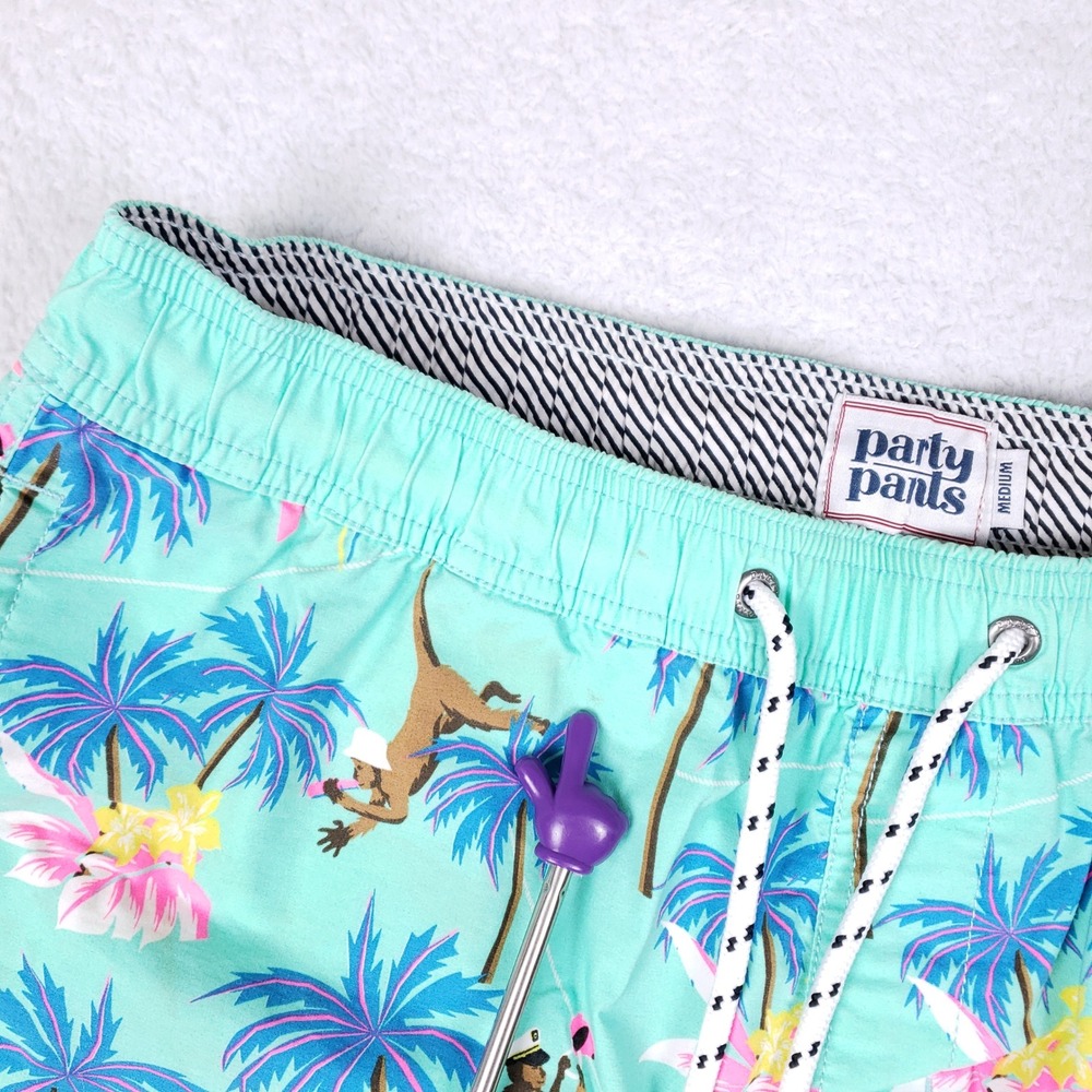 Party Pants Swim Trunks Mens M Aqua Tropical Monkey Palm Tree Beach Party Shorts - Picture 9 of 16